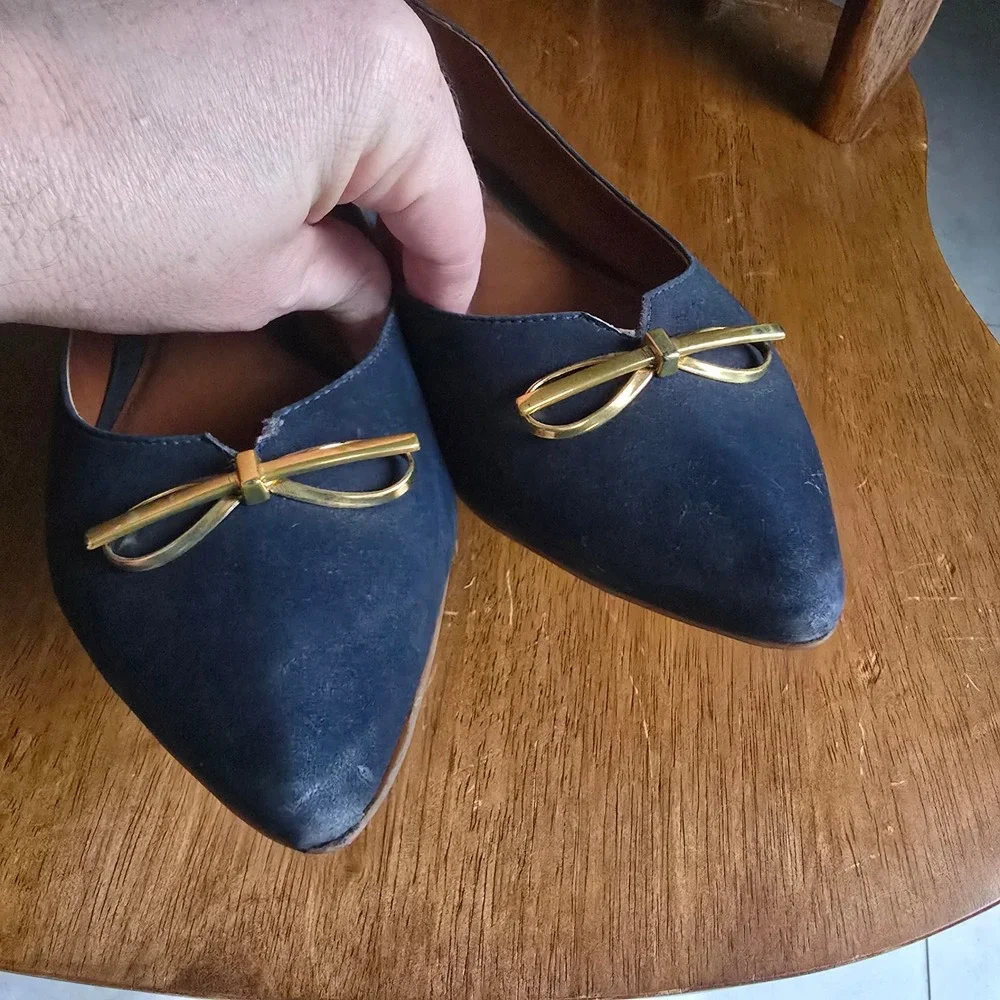 Cristofoli Navy Blue Suede Pointed Toe Ballet Flats Gold Bow Womens Size 8